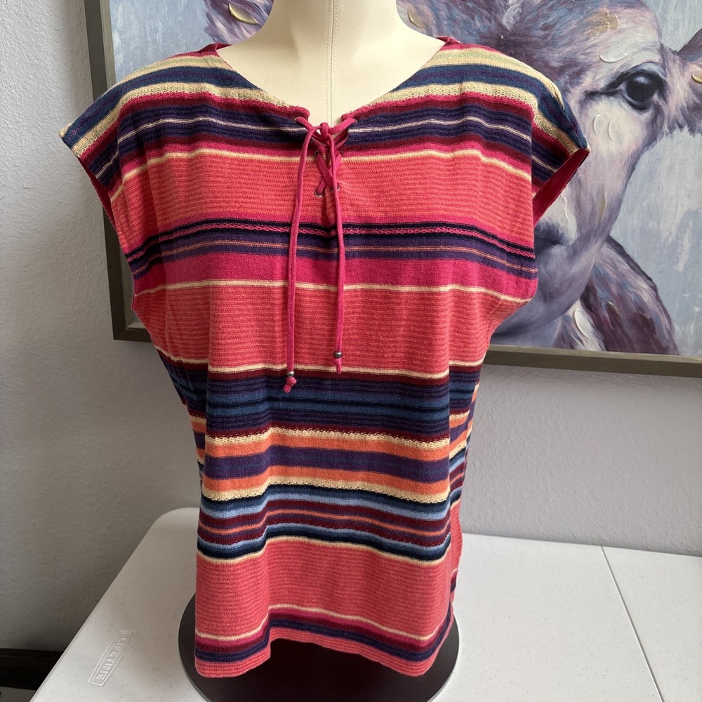 Chaps Women's Petite Multicolor Striped Southwest Cap Sleeve‎ Linen Blend Knit